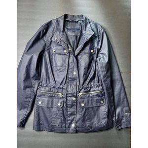 TOMMY HILFIGER Womens Rain Coat / Windbreaker Jacket Navy Blue Gold Size Medium